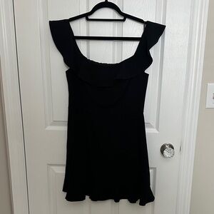 French Connection- Black off shoulder dress with ruffle detail- size 8